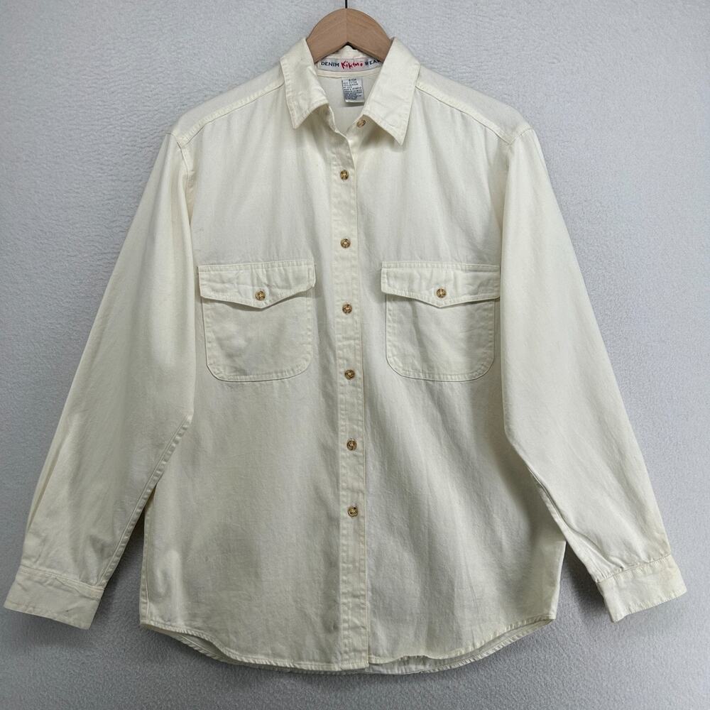 KIKOMO DENIM WEAR Shirt Mens S Utility Twill Button Up Cotton 80s Off White VTG